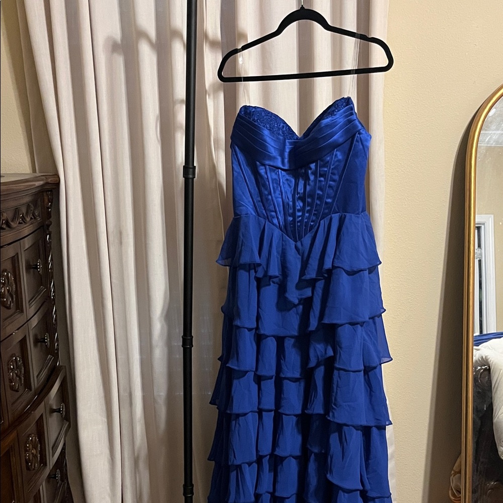 Royal Elegant Blue Strapless Ruffle Dress